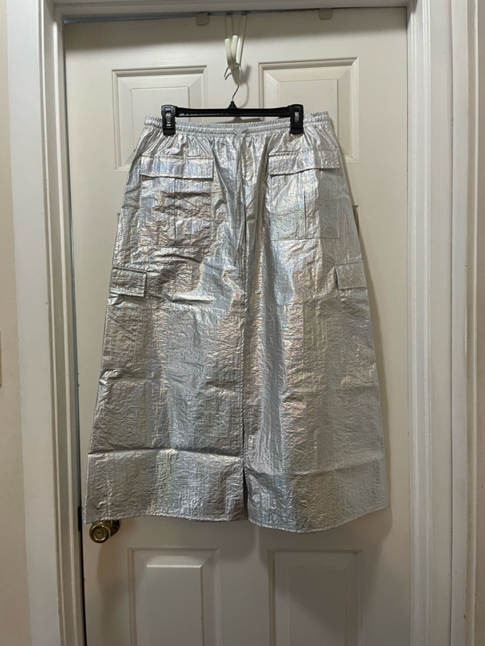 By Anthropologie Iridescent Metallic Silver Cargo Midi Skirt with Front Slit - Picture 3 of 9
